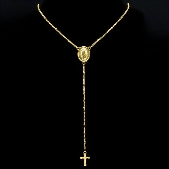 Virgin Mary Guadalupe Jesus Cross Necklace for Women Men 14K Yellow Gold Christian Rosary Long Chain Jewelry