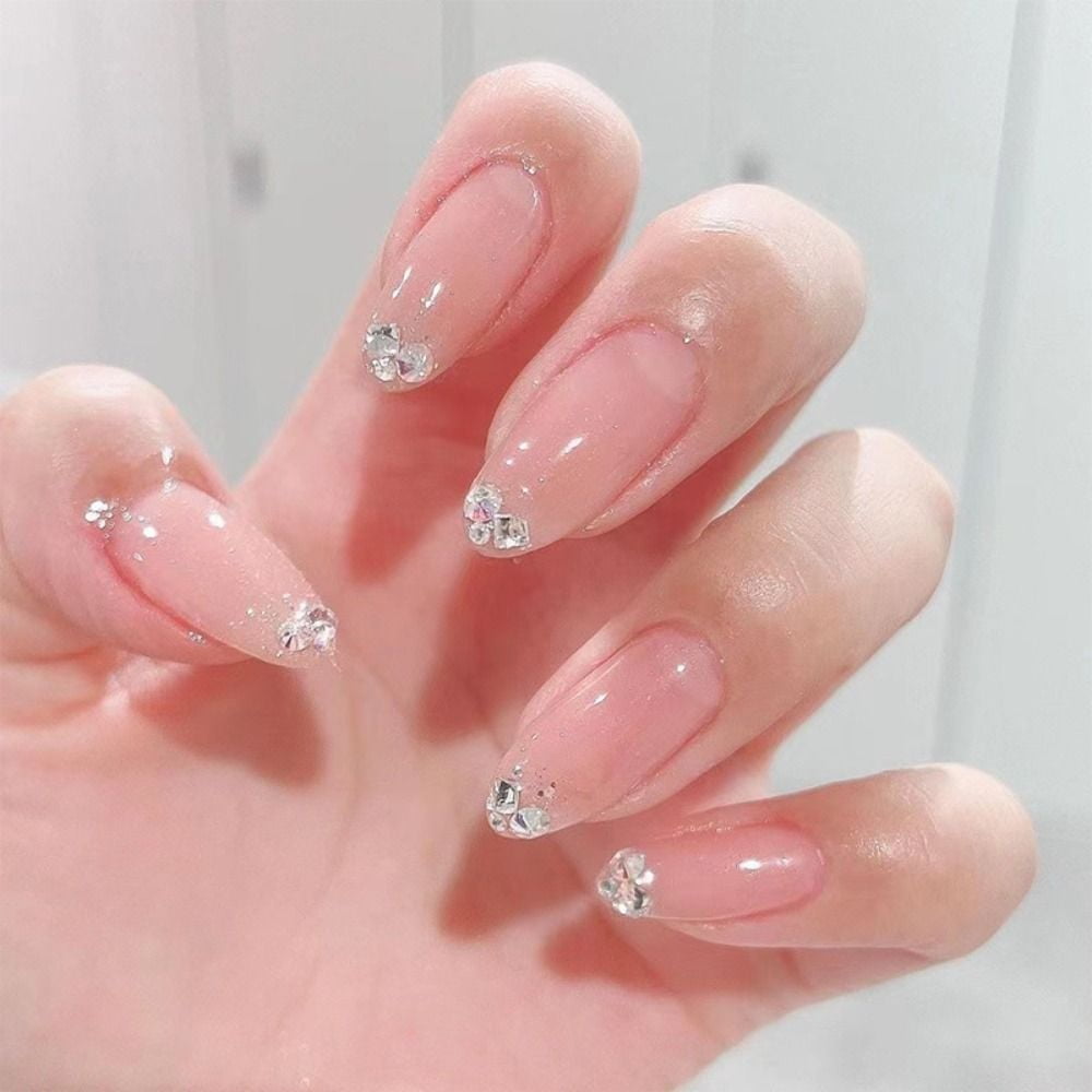 24pcs Manicure Pink Press on Nails DIY Cat Eye French Glitter False Nails Long Almond JP2123