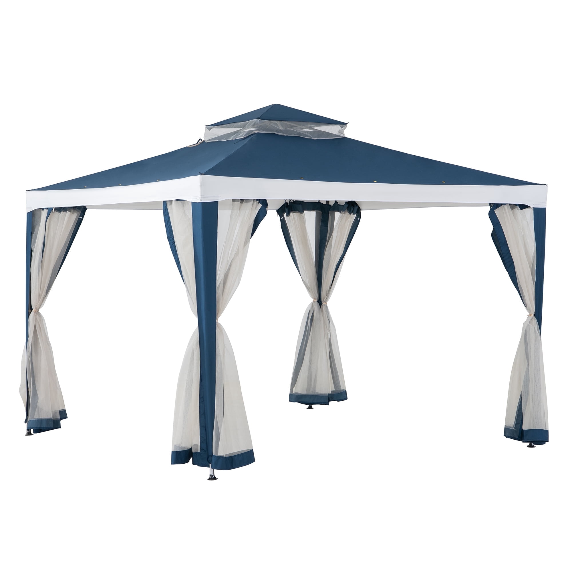 Sunjoy 10’ x 10’ Outdoor Patio Gazebo, Backyard Modern 2-Tier Steel Frame Soft Top Gazebo with Mesh Netting - Navy Blue & White