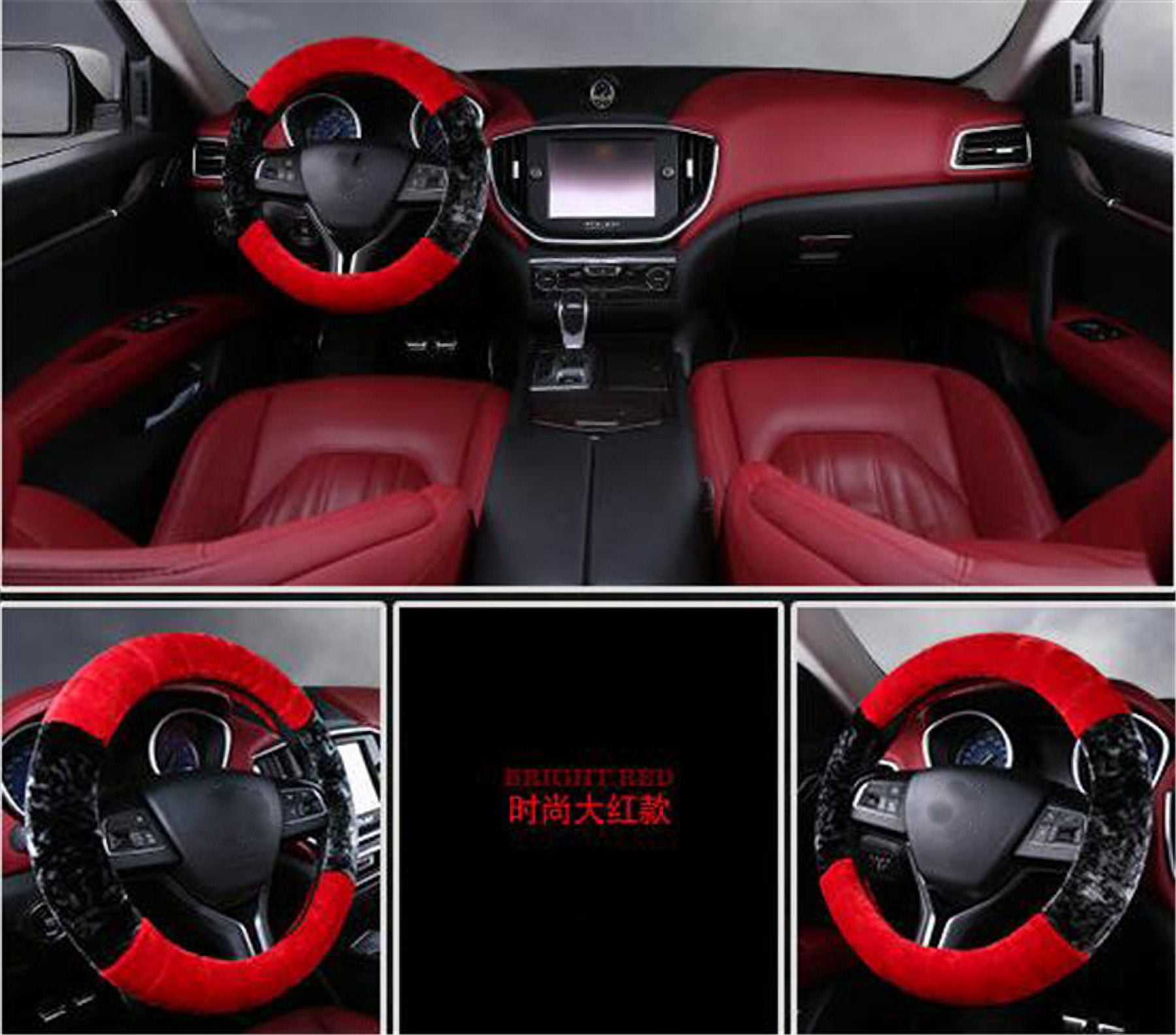 Winter 38Cm Black+Red Plush Furry Thick Auto Car Steering Wheel Cover