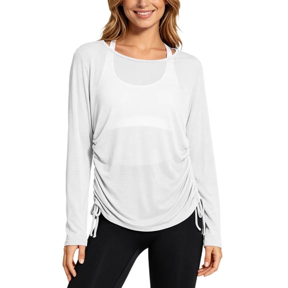 ZHOGXU Athletic Womens Long Sleeve T Shirt Round Neck Side Drawstring Loose Fit Tops Casual Office Daily