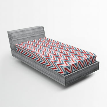 Ambesonne Retro Fitted Sheet, Pastel Zig Zag Pattern, Twin XL Size, Pale Blue Red and White