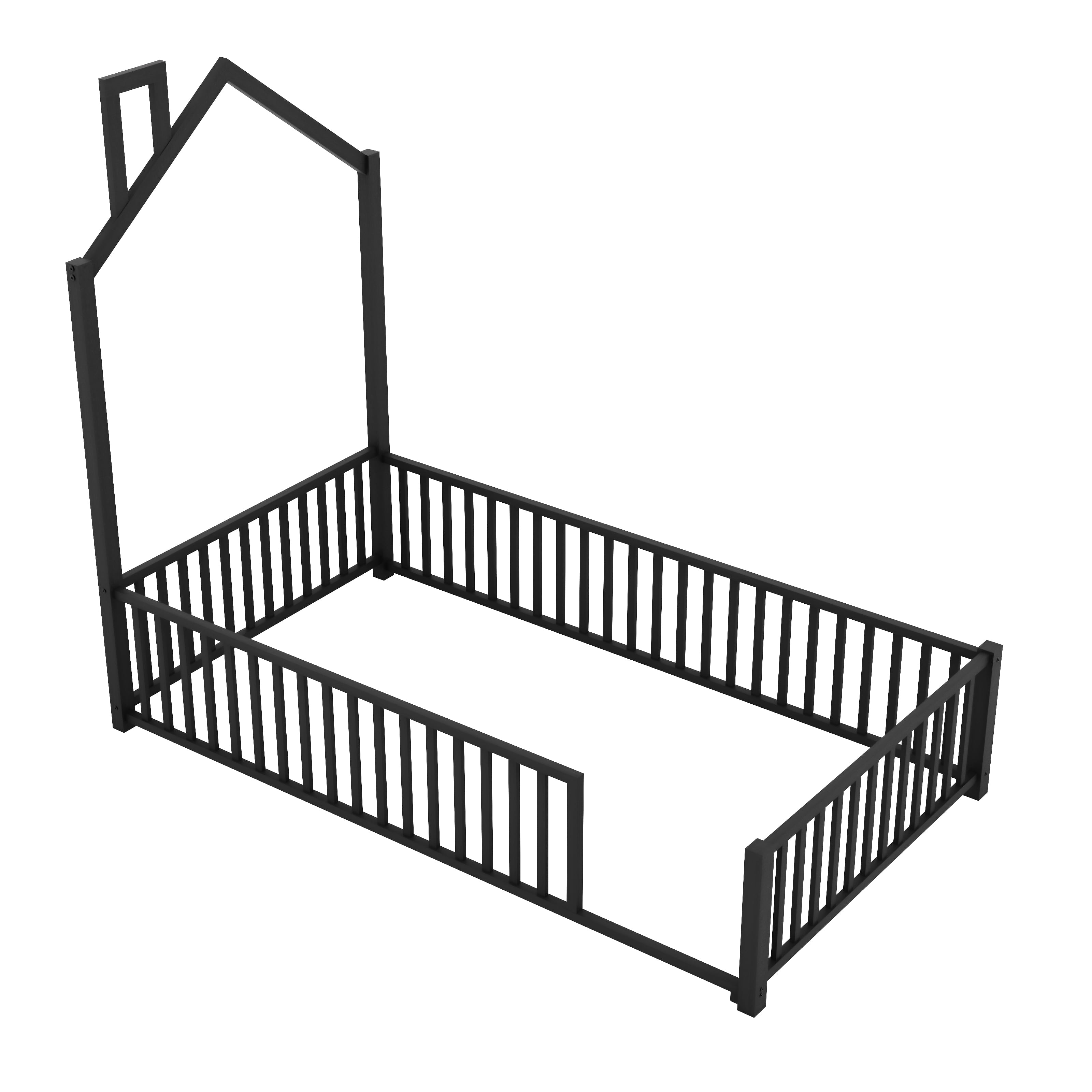 MODERNLUXE Twin Size Platform Bed Frame, House Floor Bed with Guardrail and Chimney, Black