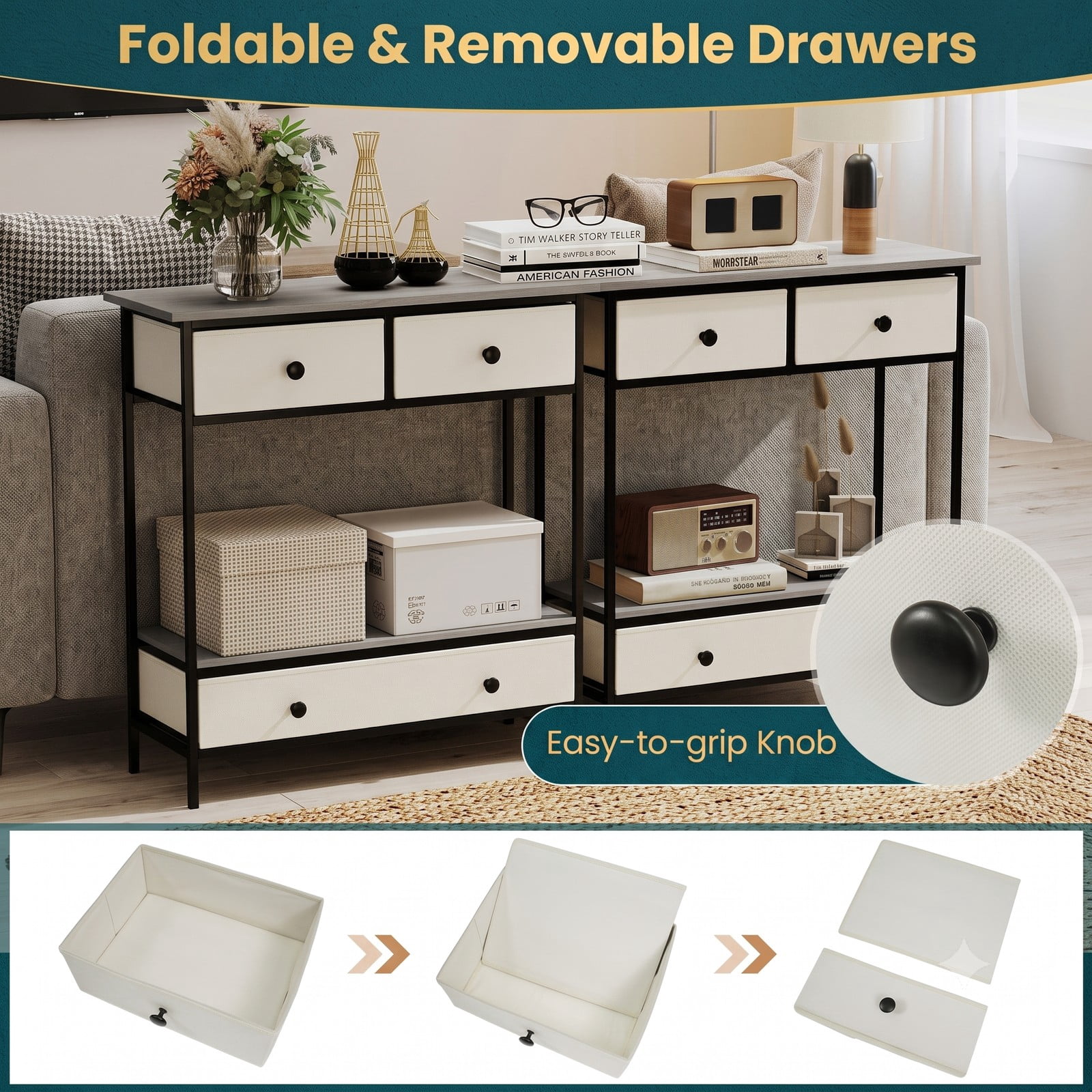 Furnibear Farmhouse Console Table with 3 Fabric Drawers and Open Storage Shelf and Metal Frame for Hallway and Entryway, Gray