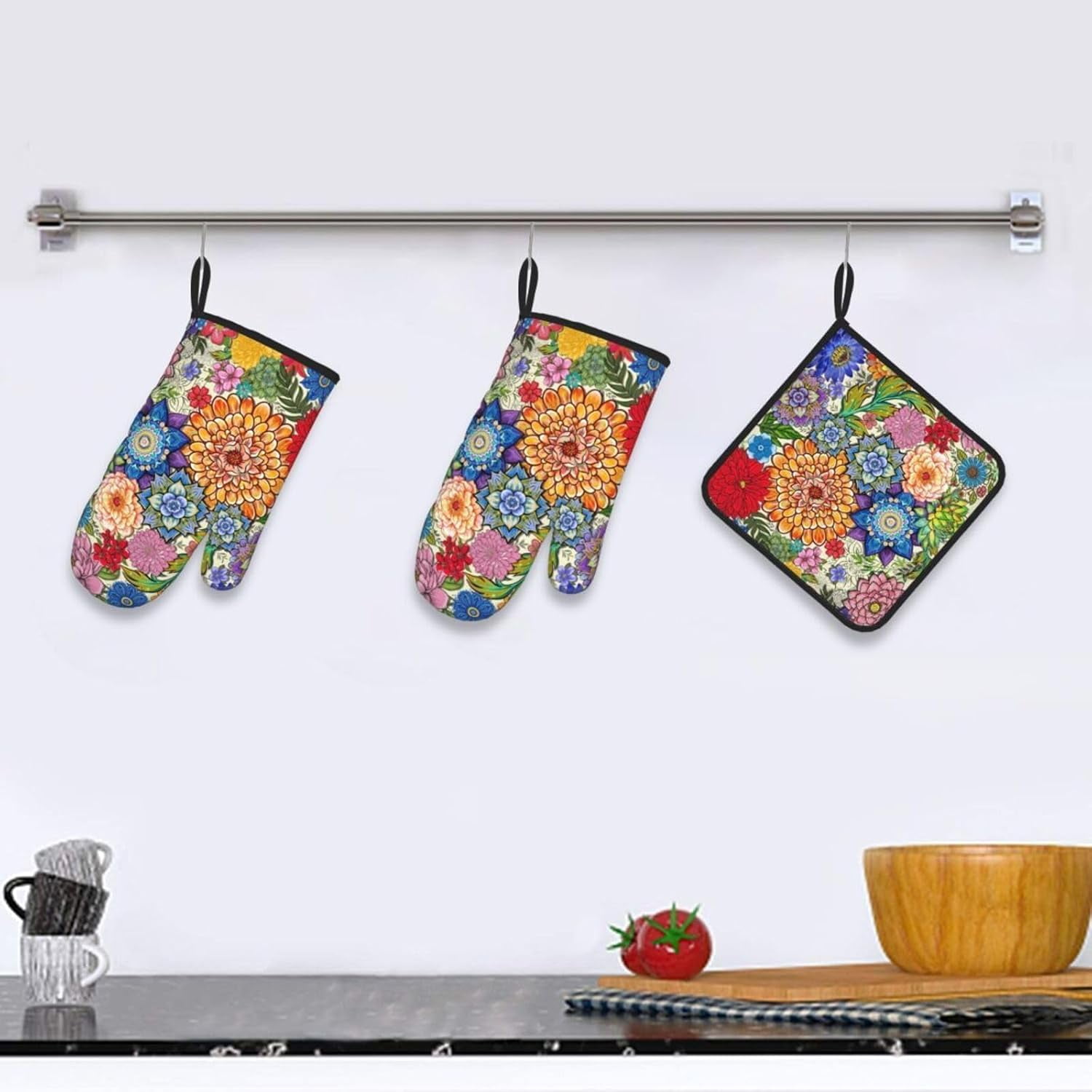 Boho Floral Oven Mitts and Pot Holders Sets of 3, Colorful Flowers Heat Resistant Kitchen Gloves Hot Pads, Chef Baking Gifts for Baker Women Mom Wife, Kitchen Gifts for Cooking Lover Cooks Hostress