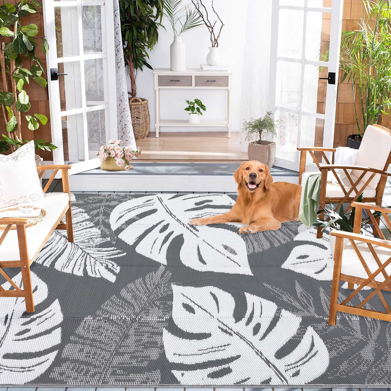 5*8ft/6*9ft/9*12ft/8*10ft/9*18ft/10*14ft/10*20ft Plastic Straw Rug Outdoor Rug Modern Leaves Area Rug Waterproof Patio Rug Outdoor Camping Rug for RV Porch Deck Camper Balcony Backyard