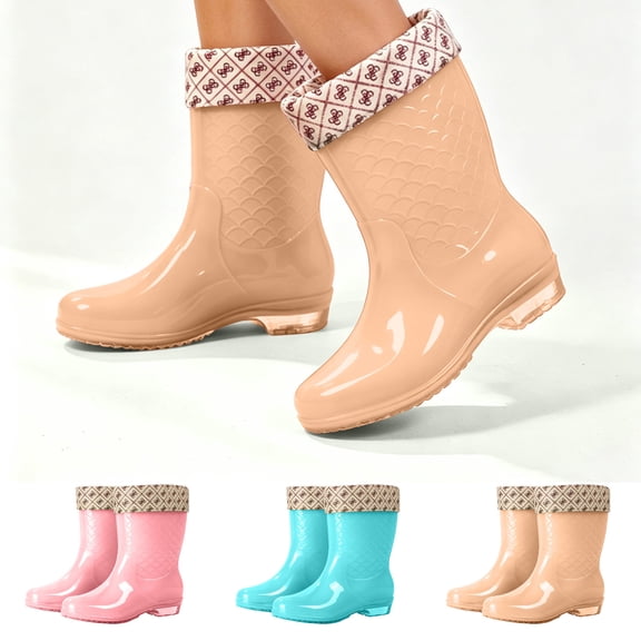 FRSASU Women's Mid‑Calf Waterproof Rain Boots Non‑Slip PVC Wellies Boots for Gardening Outdoor Rainy Winter Days Pink