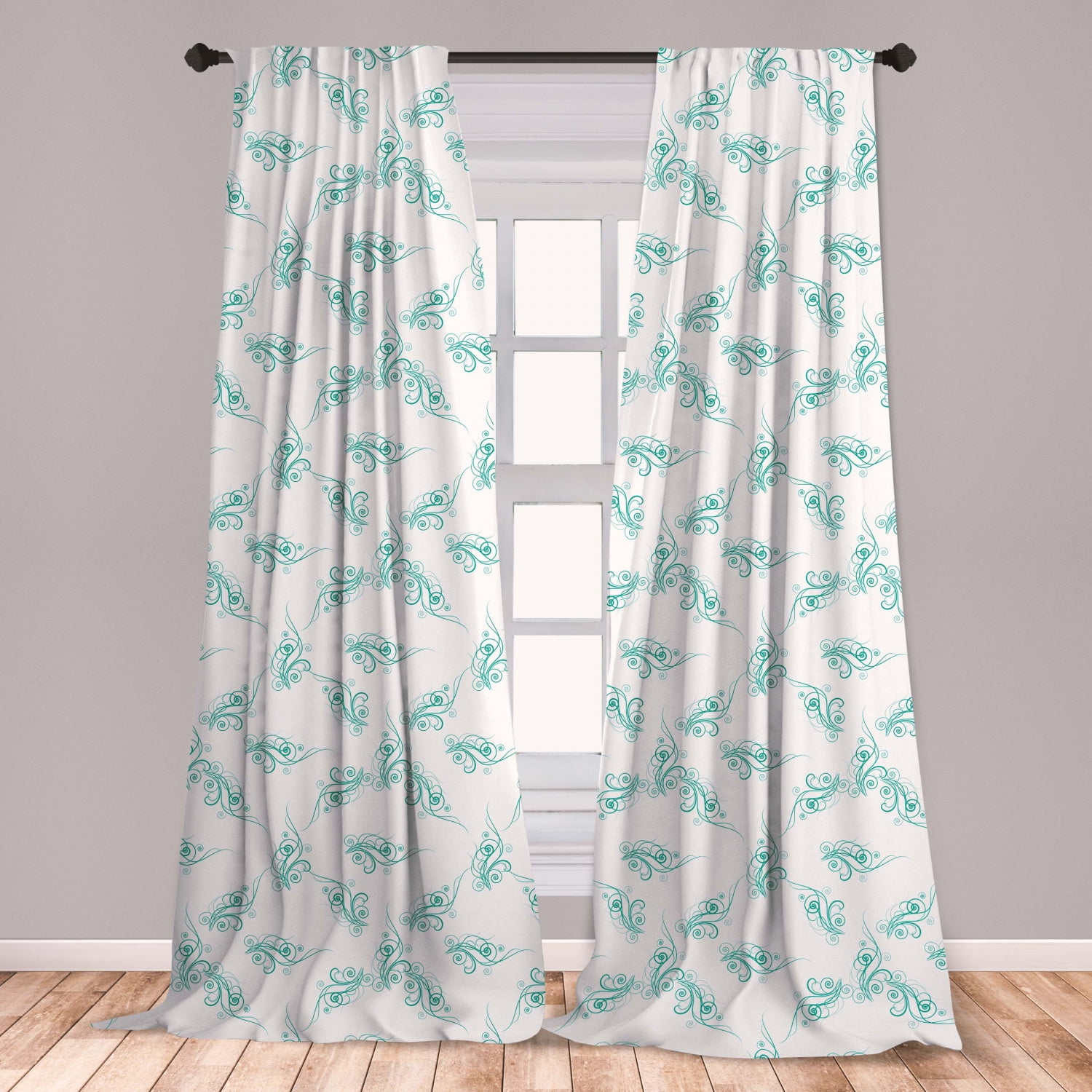 Turquoise Curtains 2 Panels Set, Swirling Flowers Branches Fresh