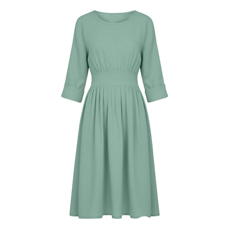 ClodeEU Women's Linen Blend Grewneck Long Sleeve High Waist Maxi Dress,Casual Tunic Flowy Dress Mint Green,Women's Plus M