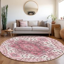 Addison Rugs Chantille Indoor/Outdoor Traditional Vintage Pink Washable Round Rug, 8' x 8'