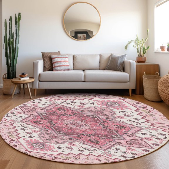Addison Rugs Chantille Indoor/Outdoor Traditional Vintage Pink Washable Round Rug, 8' x 8'
