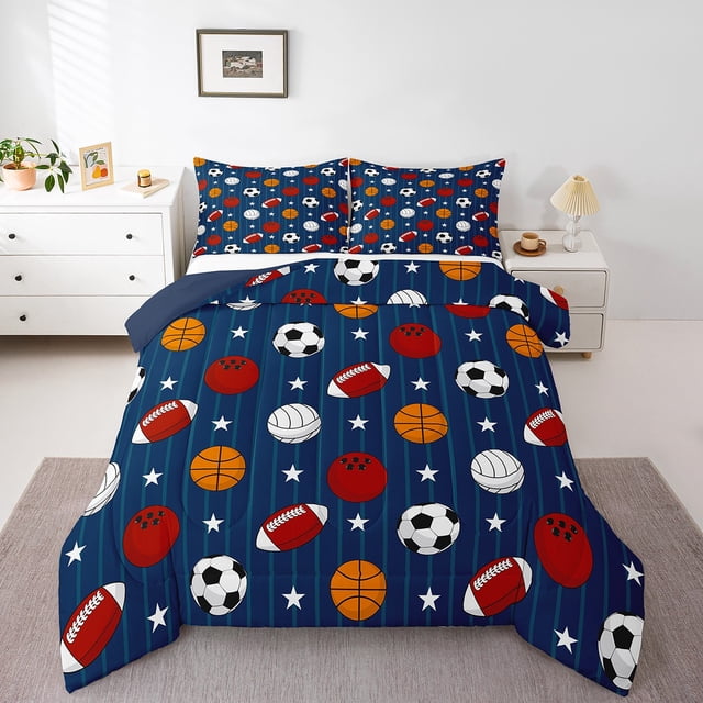 Erosebridal Rugby Basketball Game Bedding Sets King with Comforter,Stars Stripes Comforter Sets King Size,Sport Theme Decor,Reversible,Breathable,3-Piece