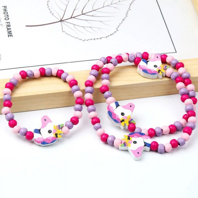 Conjuntos de collar y pulsera con cuentas de madera Natural para niños, lindos diseños de dibujos animados, juguetes de joyería, regalo de cumpleaños para niñas