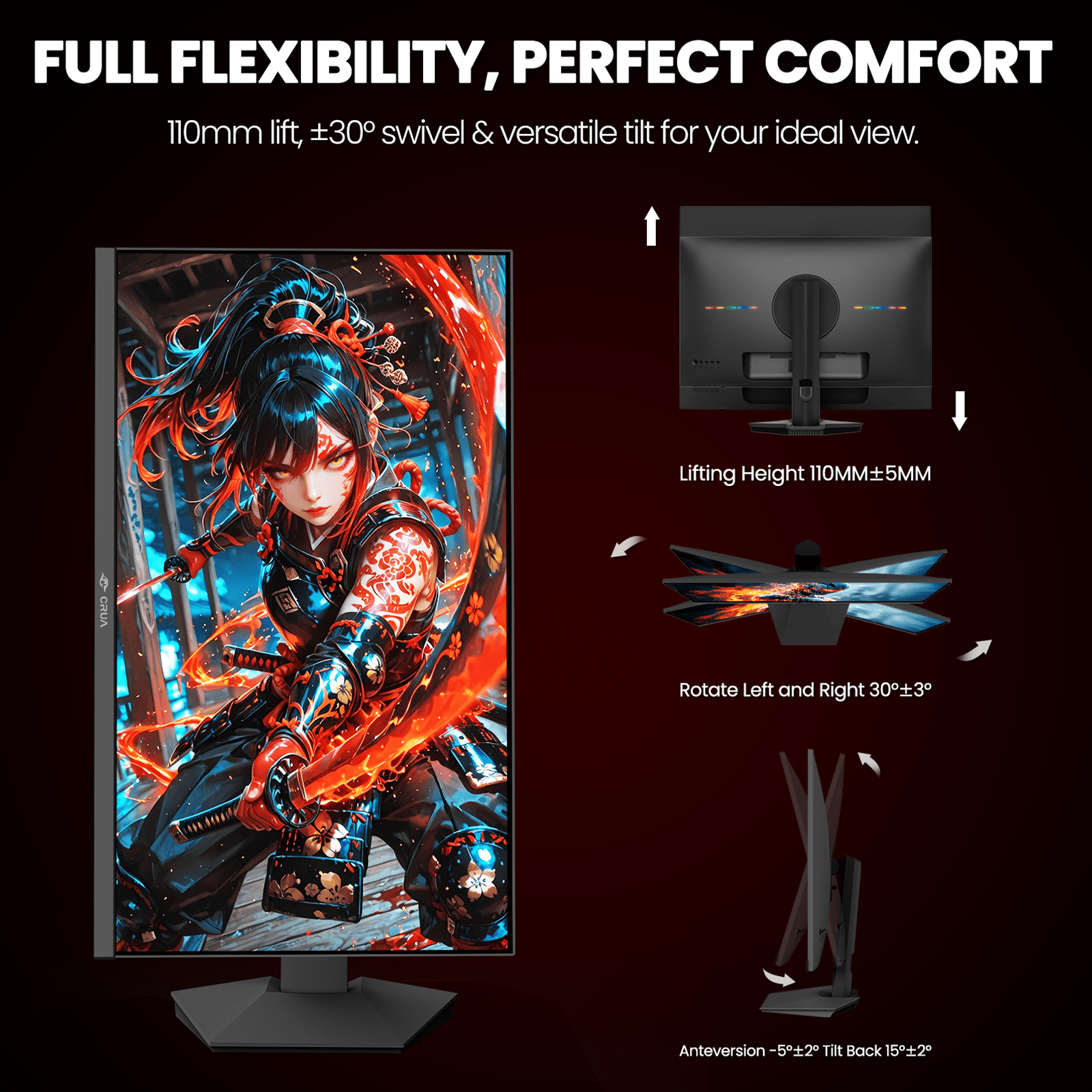 CRUA 27" 160Hz Gaming Monitor, IPS UHD(3840x2160P), 120% SRGB, Support FreeSync, Height adjustable, Lighting effects, Built-in Speakers, HDMI & DP, Black