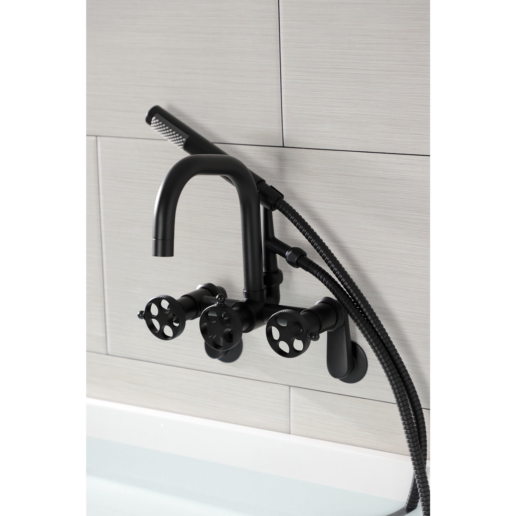 Kingston Brass AE8450RKX Webb 7-Inch Adjustable Wall Mount Clawfoot Tub Faucet with Knurled Handle and Hand Shower, Matte Black