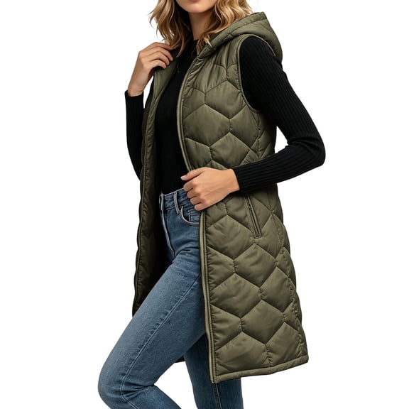 MaFYtyTPR Womens Puffer Vest Jacket Full Zipper Long Hooded Sleeveless Quilted Coat with Pockets for Fall Winter