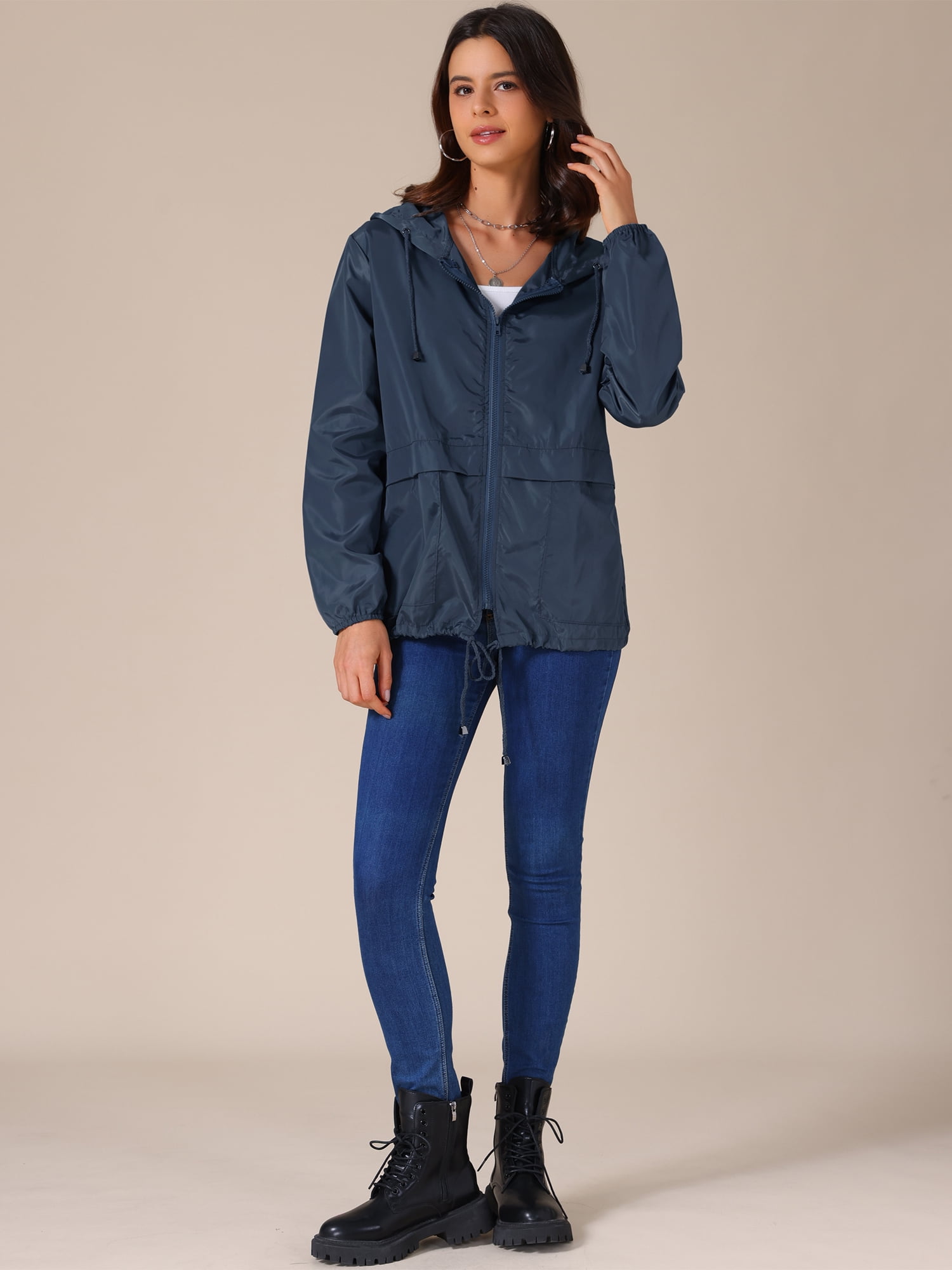 DARING DIVA Women's Lightweight Windbreaker Jacket with Hood Pockets M Navy Blue