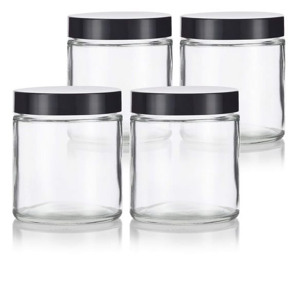 JUVITUS Clear Thick Glass Straight Sided Jar with Black Smooth lids 4 oz / 120 ml (4 pack)