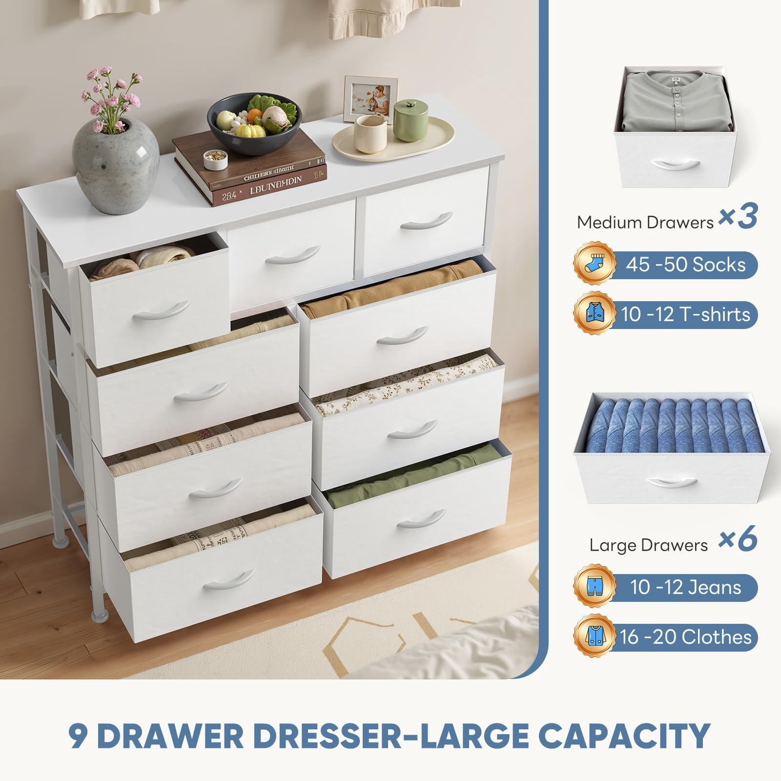 Telyra 9-Drawer Fabric Dresser Tall Storage Tower with Wood Top and Steel Frame Bedroom Closet Organizer, White
