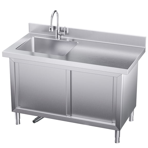 Gaonala 43.3in Outdoor Stainless Steel Utility Sink 2-Tier Cabinet Pull-out Faucet Workbench for Kitchen Office School