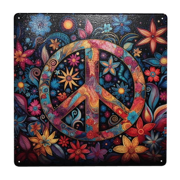 Peace Sign Hippy Art Square Metal Sign 12x12 Inch Tin Sign Wall Decor Decorative Plaque for Bar, Cafe, Restaurant