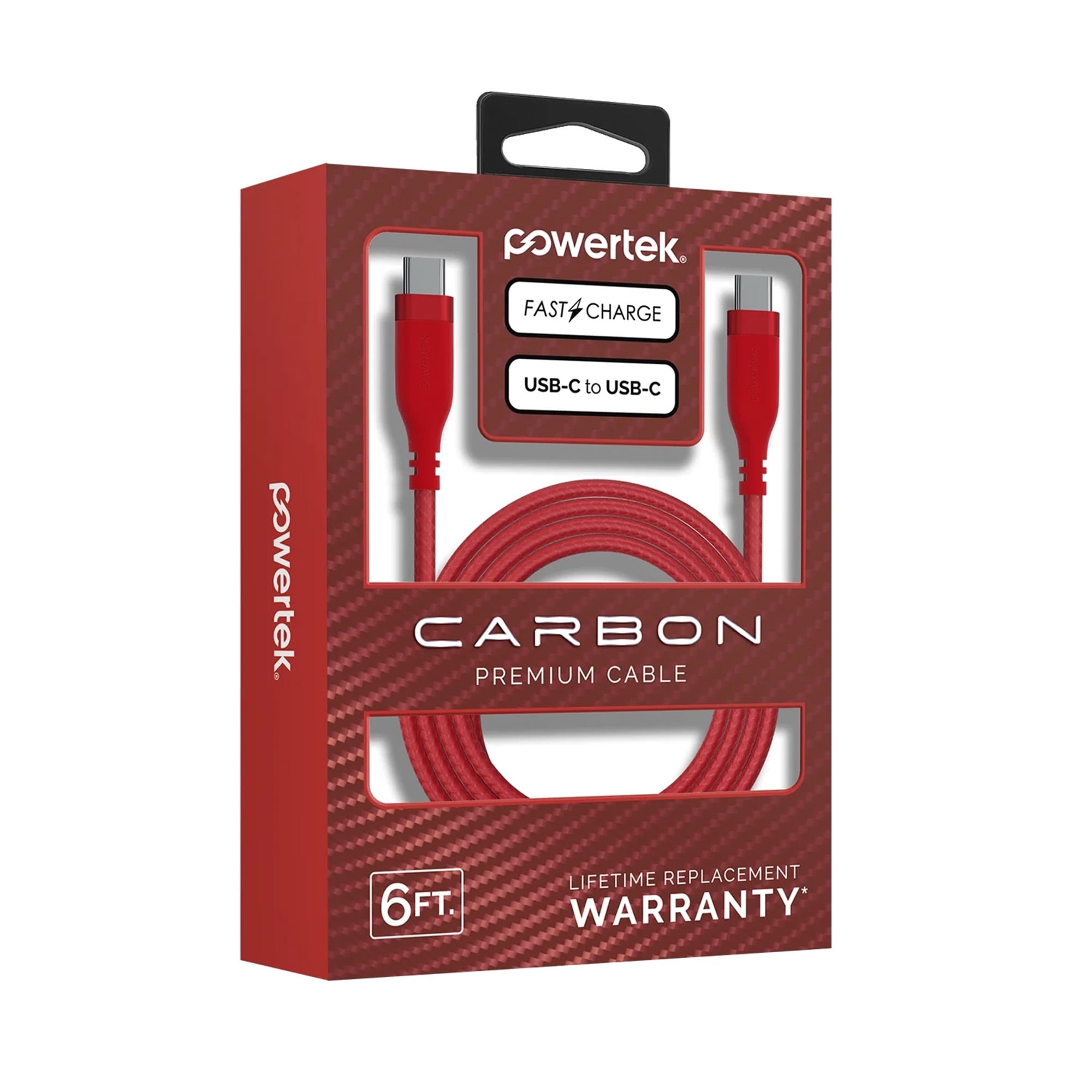 Powertek USB-C to USB-C Fast Charging Cable, 60W, 6 ft, Carbon Design Texture, Red