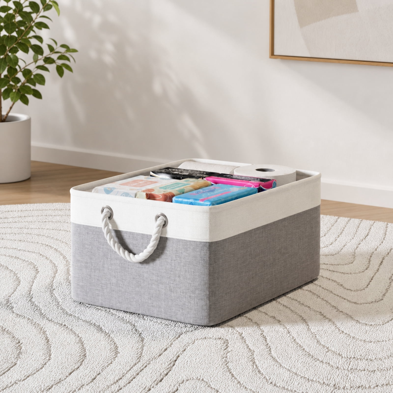 Fenbeli Fabric Storage Baskets Set of 4 Foldable Storage Bins with Cotton Rope Handles for Shelf and Closet, grey and white