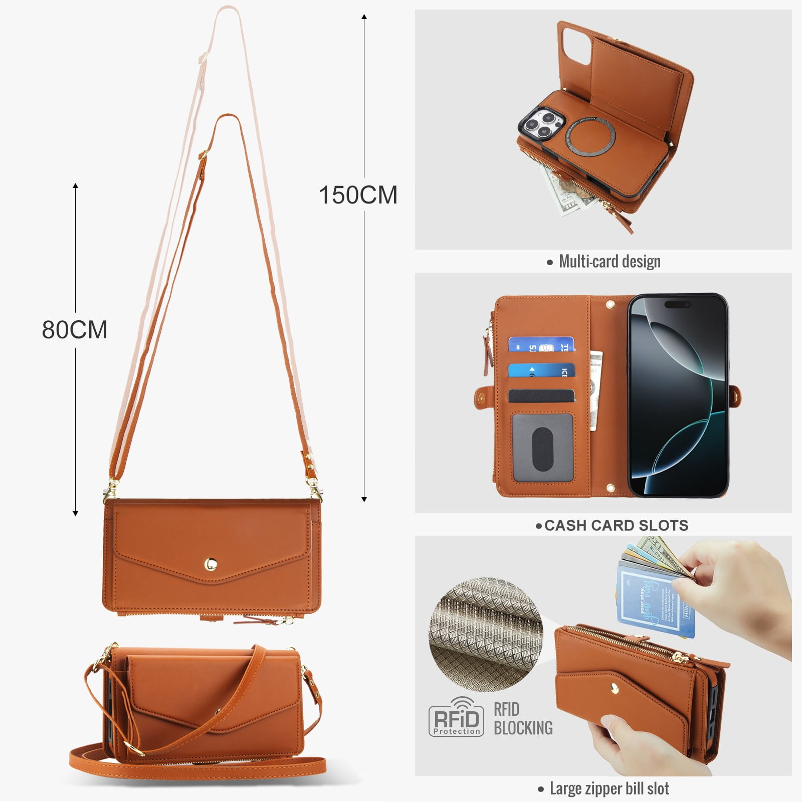 Designed for iPhone 15 Pro Multi-Function Wallet Phone Case,With Shoulder Strap&Wrist Strap,Cash Pocket&Card Slots,Zipper Purse,Magnetic Detachable PU Leather Flip Phone Case,Brown