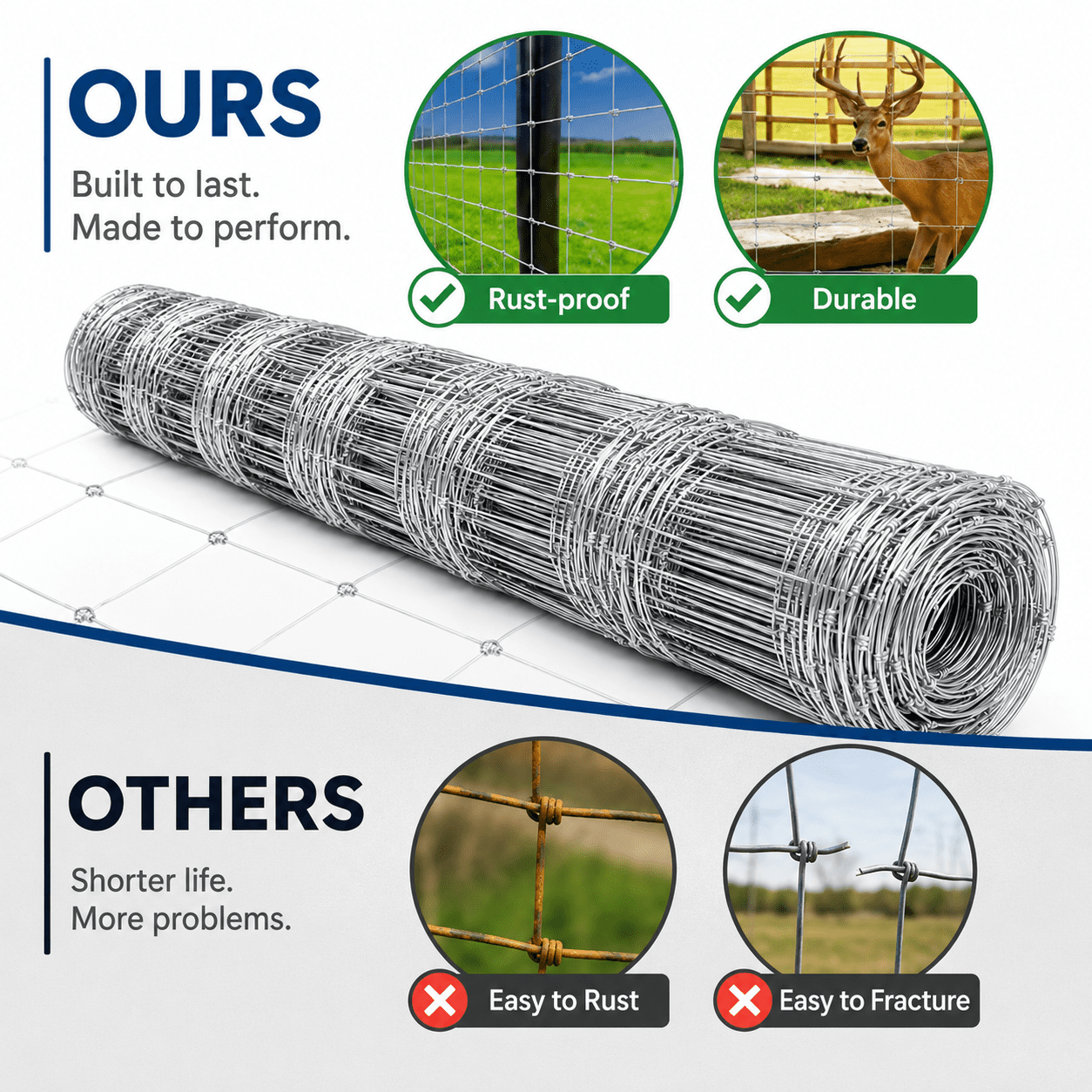 Heavy-Duty Galvanized Farm Fence 15-Gauge 330 ft Gradient Mesh for Goats Hogs Deer Sheep Livestock