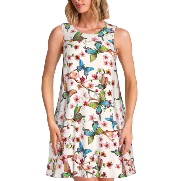 Fotbe Floral With Butterflies Vestido de Verano sin Mangas para Mujer – Vestido Midi Línea A, Estilo Camiseta Floral, Vestido Playero Casual y Fluido