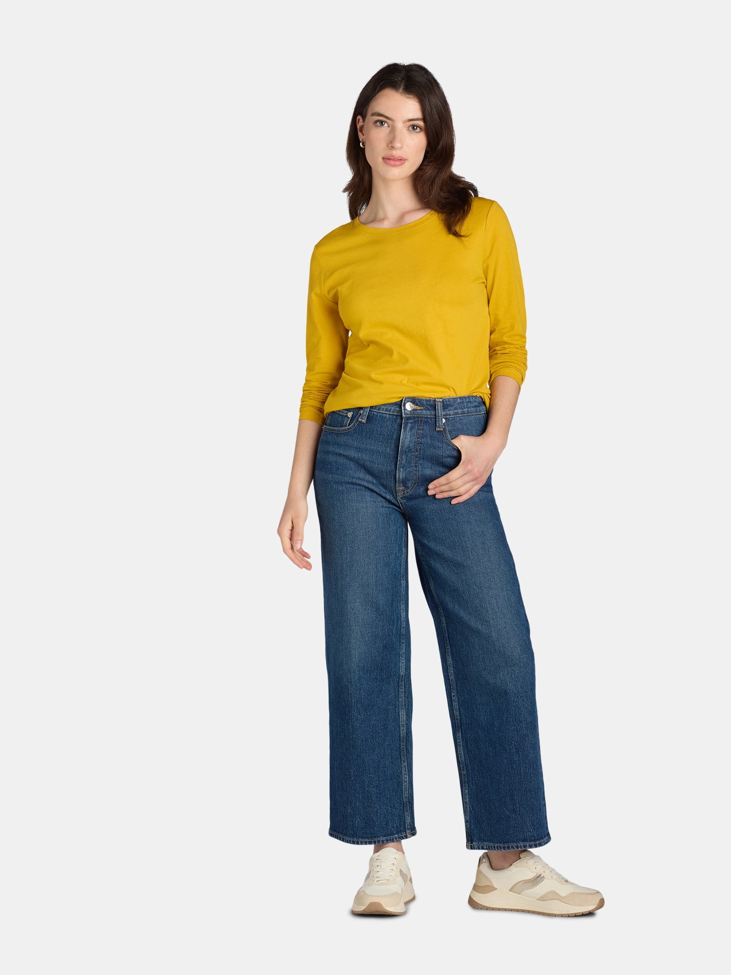 Time and Tru Women's Cotton Crewneck Tee with Long Sleeves, Single and 3 Pack, Sizes XS-XXXL