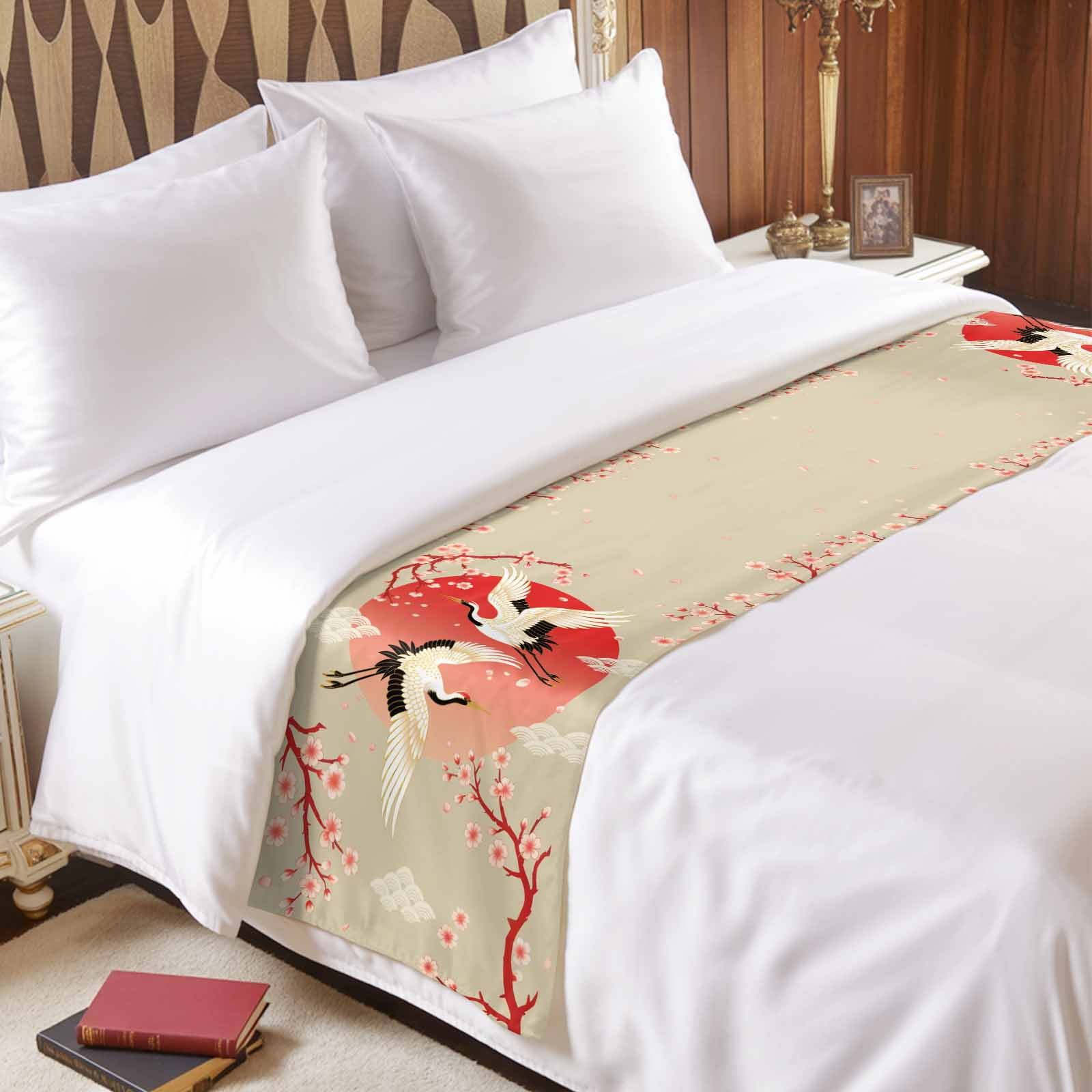 Pink Cherry Blossom Crane Bed Runner for Queen Size Bed, Japanese Style Cloud Harmony Soft Bedding Scarf Bedding Protector Slipcover Sofa Throw for Bedroom Hotel Guesthouse