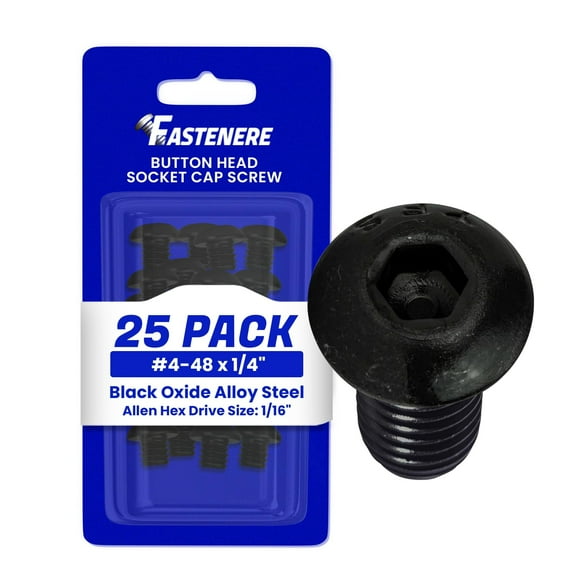 Fastenere Button Head Socket Cap Screws - 4-48 x 1/4" (25-Pcs) Alloy Steel, Fully Threaded, Fine Black Oxide Finish, Corrosion-Resistant, Machine Thread, Easy to Install w/ Allen Hex Drive