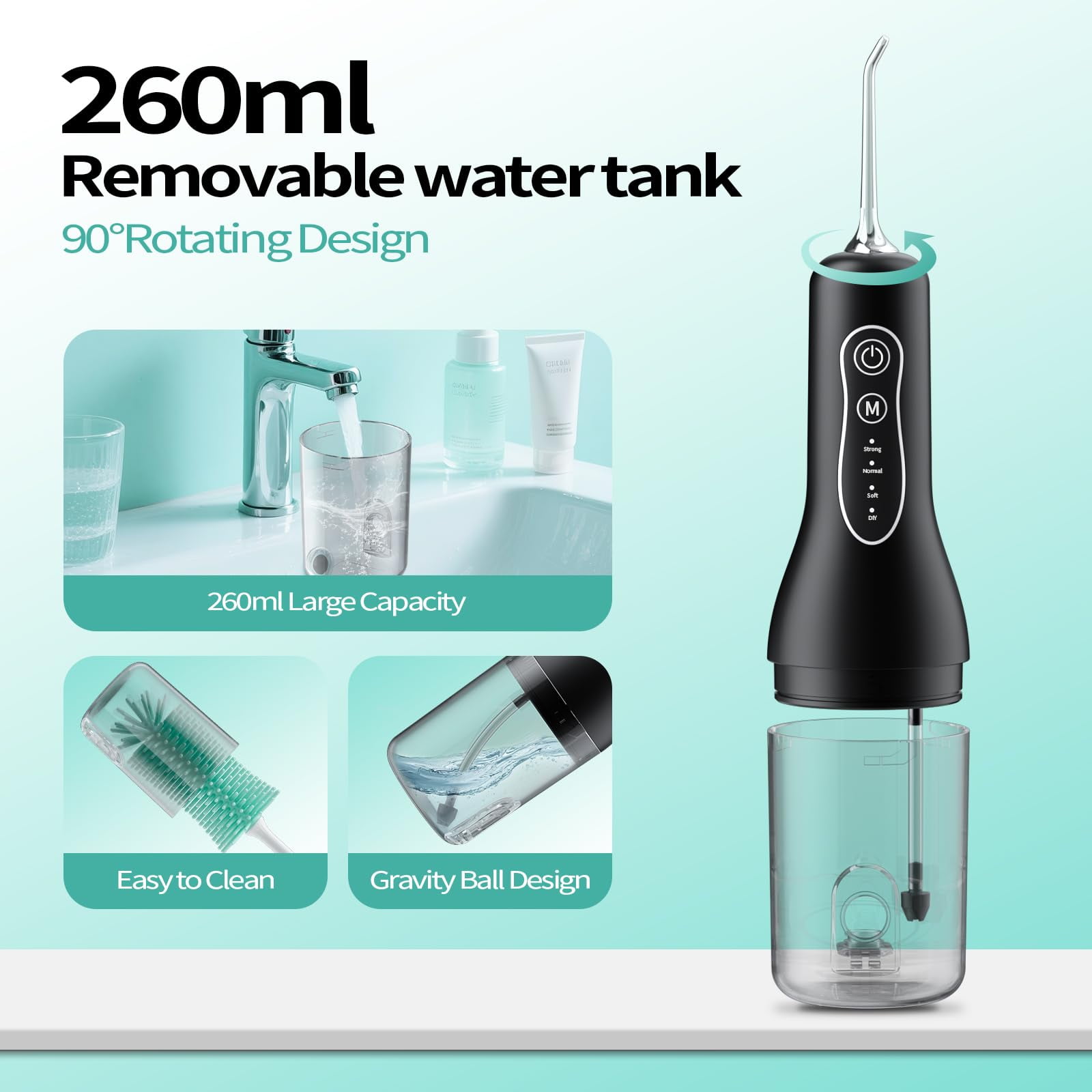 OasiSmile Water Flossers for Teeth Braces Care, Portable Cordless Travel Dental Floss 4 Modes 260ML Rechargeable Oral Irrigator with 5 Jet Tips, Black