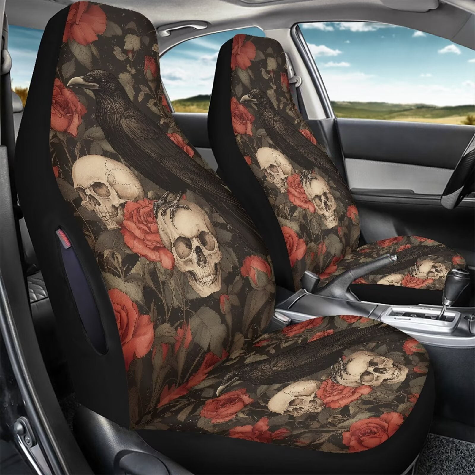 Binienty Halloween Waterproof Auto Seat Covers Black Crow Red Rose Skull Car Front Seat Covers 2 Pack Universal Automitive Bucket Protector Washable Car Interior Accessories, Airbag Compatible
