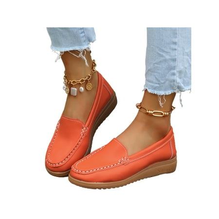 

UKAP Women Moccasins Slip On Casual Shoe Wedge Loafers Round Toe Nurse Shoes Ladies Loafer Comfort Stitches Orange Red 7.5