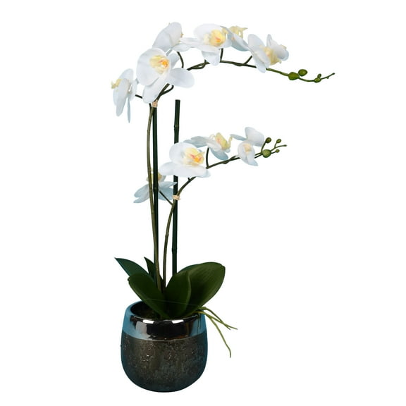 Vickerman 23" Artificial White Phalaenopsis In Metal Pot.