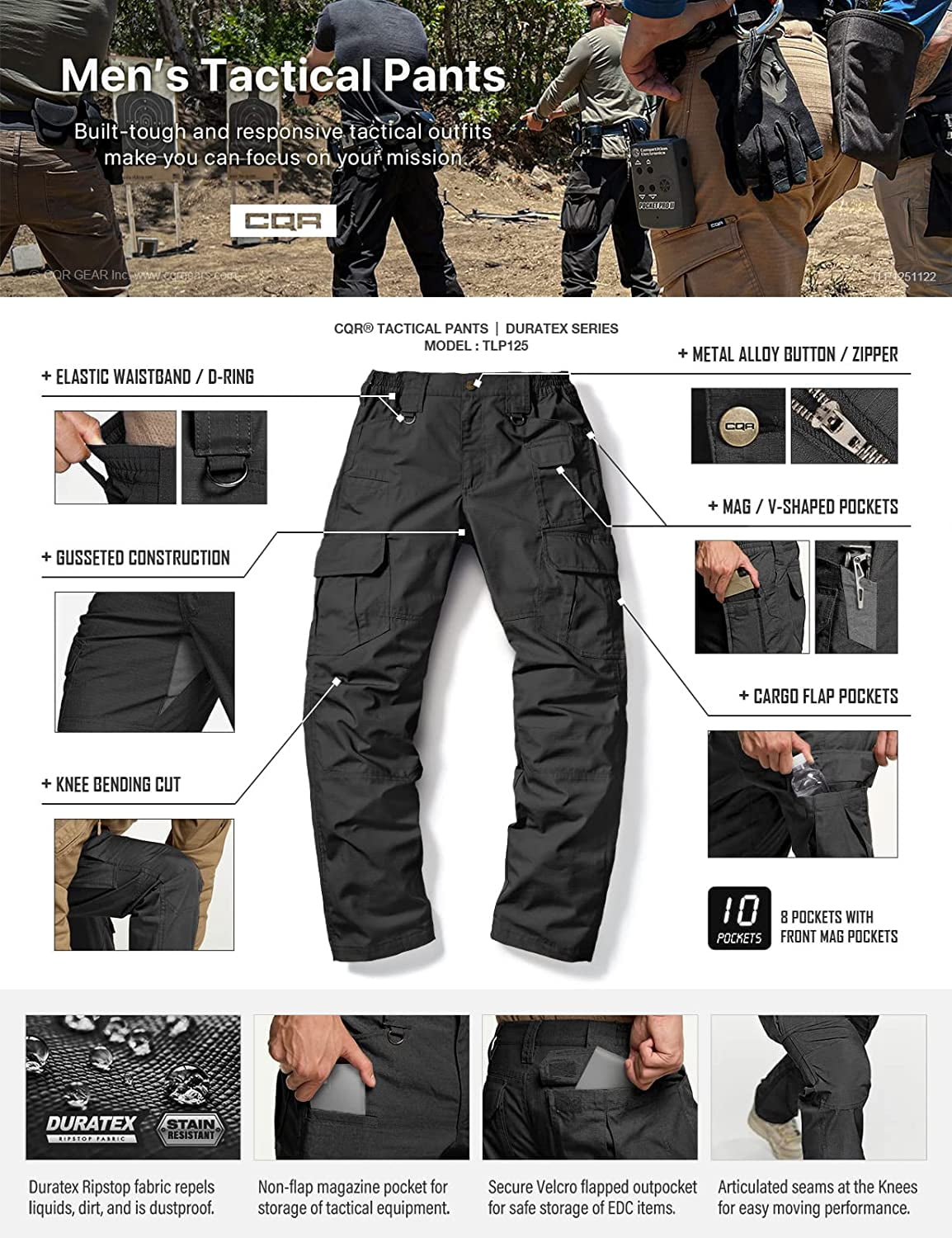 CQR Men's Tactical Pants, Water Resistant Ripstop Cargo Pants, Lightweight  EDC Work Hiking Pants, Outdoor Apparel - Walmart.com