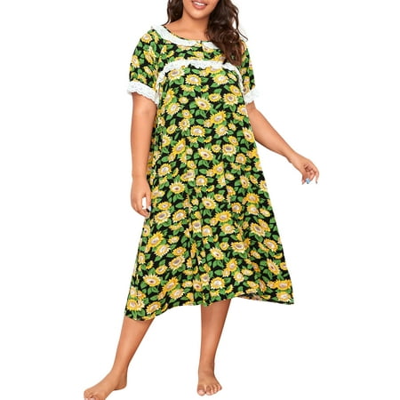 

Walmeck Women Lounger Dress Floral Printed Short Sleeved Loose Nightgowns Lounging Pyjamas