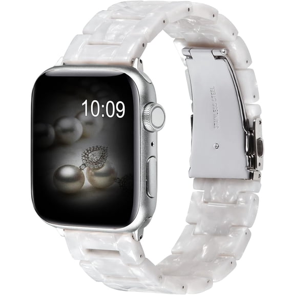 EIKODO-Resin Strap Compatible with Apple Watch Band 46mm/45mm/44mm Series 10/9/8/7/6/5/4/3/2/1 Women Men with Metal Buckle, Fashion iWatch Replacement Wristband Bracelet(Pearl White, 42/44/45/46mm)