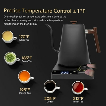 Electric Kettles, Gooseneck Electric Kettle, ±1℉ Temperature Control, for Pour Over Coffee and Tea, 304 Stainless Steel Inner, BPA-Free, Quick Heating Electric Kettles for Boiling Water, 1L Black