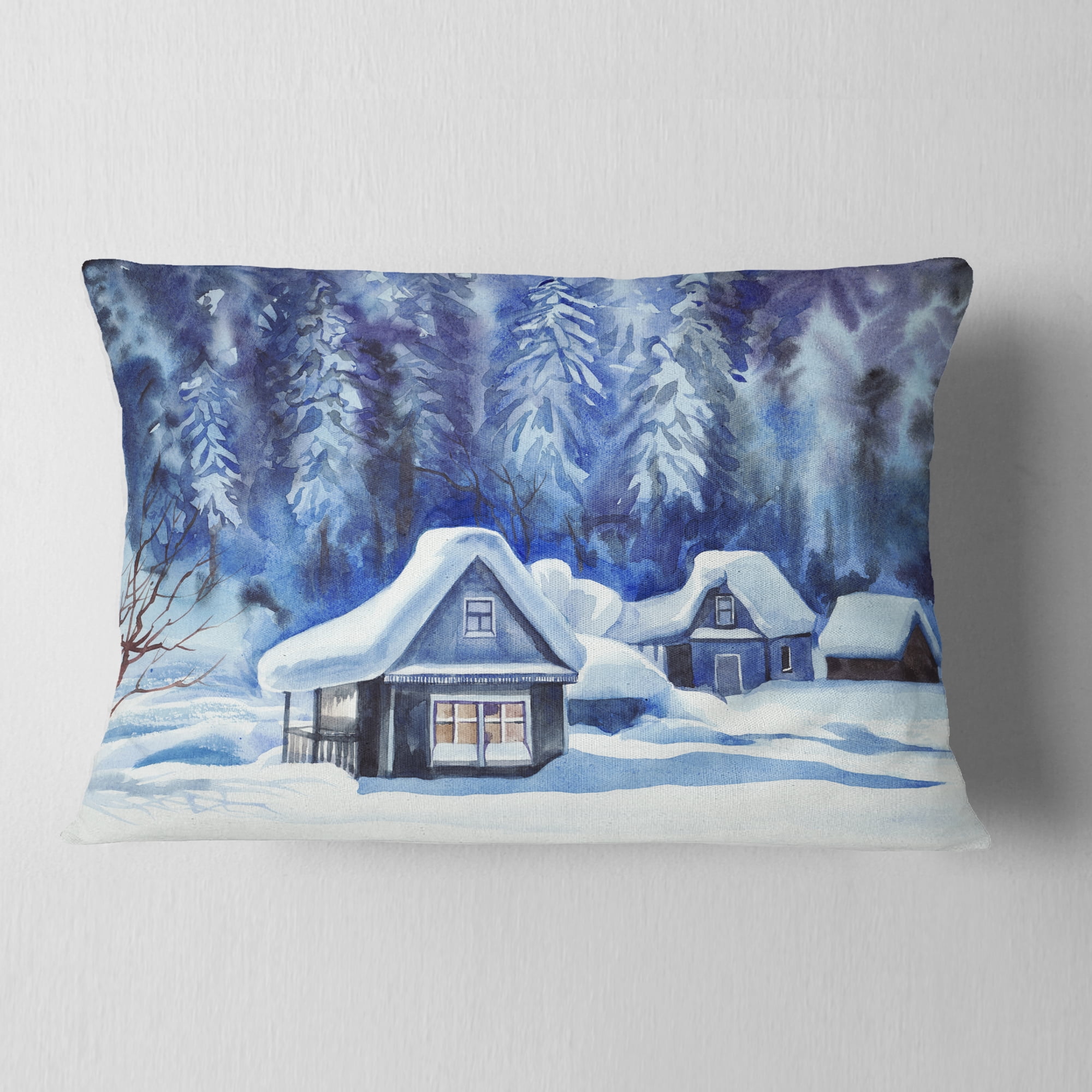Designart Blue Winter Cottages - Landscape Printed Throw Pillow - 12x20
