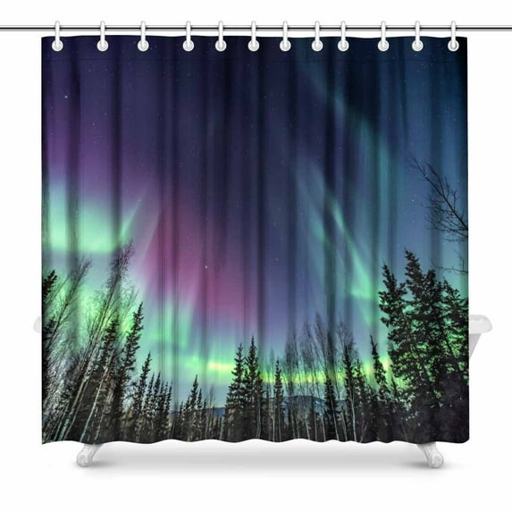 SUNENAT Purple Green Northern Lights Swirling over Pine Trees Waterproof Polyester Shower Curtain Bathroom 72(Wide) x 72(Height) Inches