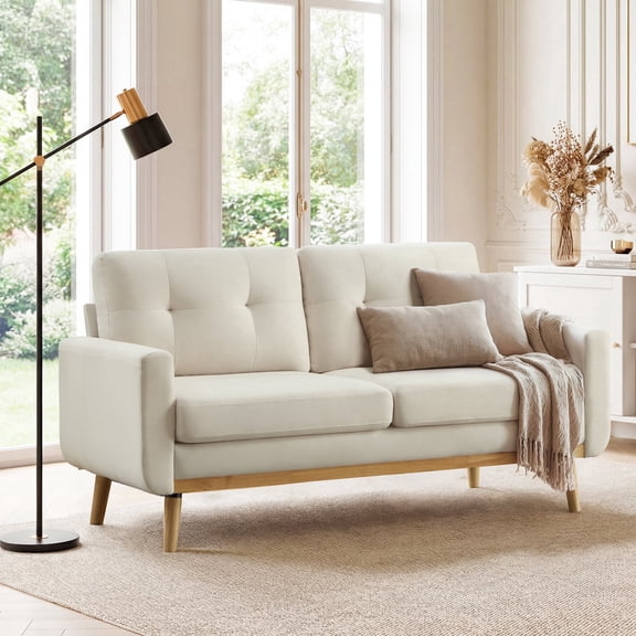Ebello 2-Seater Sofa with Detachable Back Cushion, Fabric Upholstered Loveseat with Soft Seat Cushion for Living Room, Apartment, Office – 3 Colors (Beige)