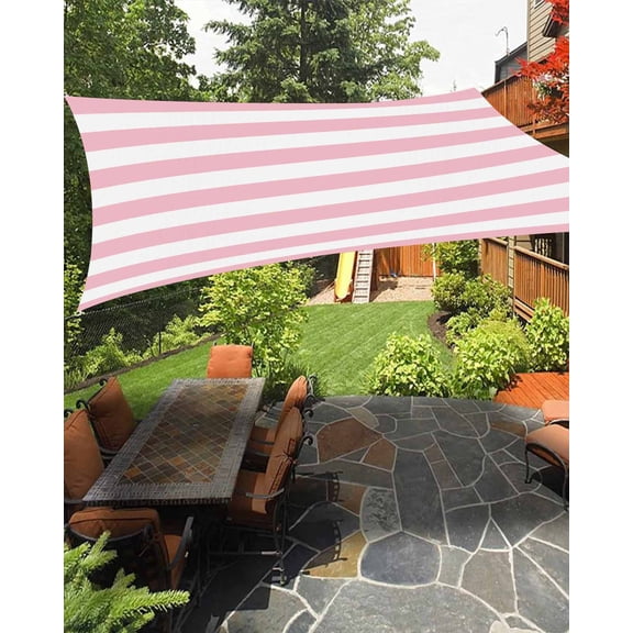 Pink and Waterproof Sun Shade Sail White Stripes Outdoor Patio Sun Shades Canopy UV Block Waterproof Sunshade for Garden Backyard Deck Pergola 6.5x10 Ft