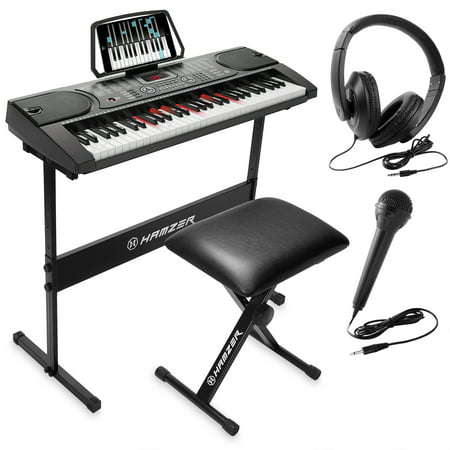 Hamzer 61-Key Electronic Keyboard Portable Digital Music Piano with Lighted Keys, H Stand, Stool, Headphones Microphone, & Sticker