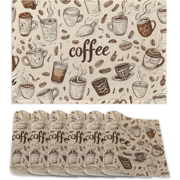 Coffee Theme Placemats Set of 6,Retro Coffee Cup Placemats Washable Kitchen Dining Linen Table Mats Stain Heat-Resistant for Home Party Indoor 12x18 inch