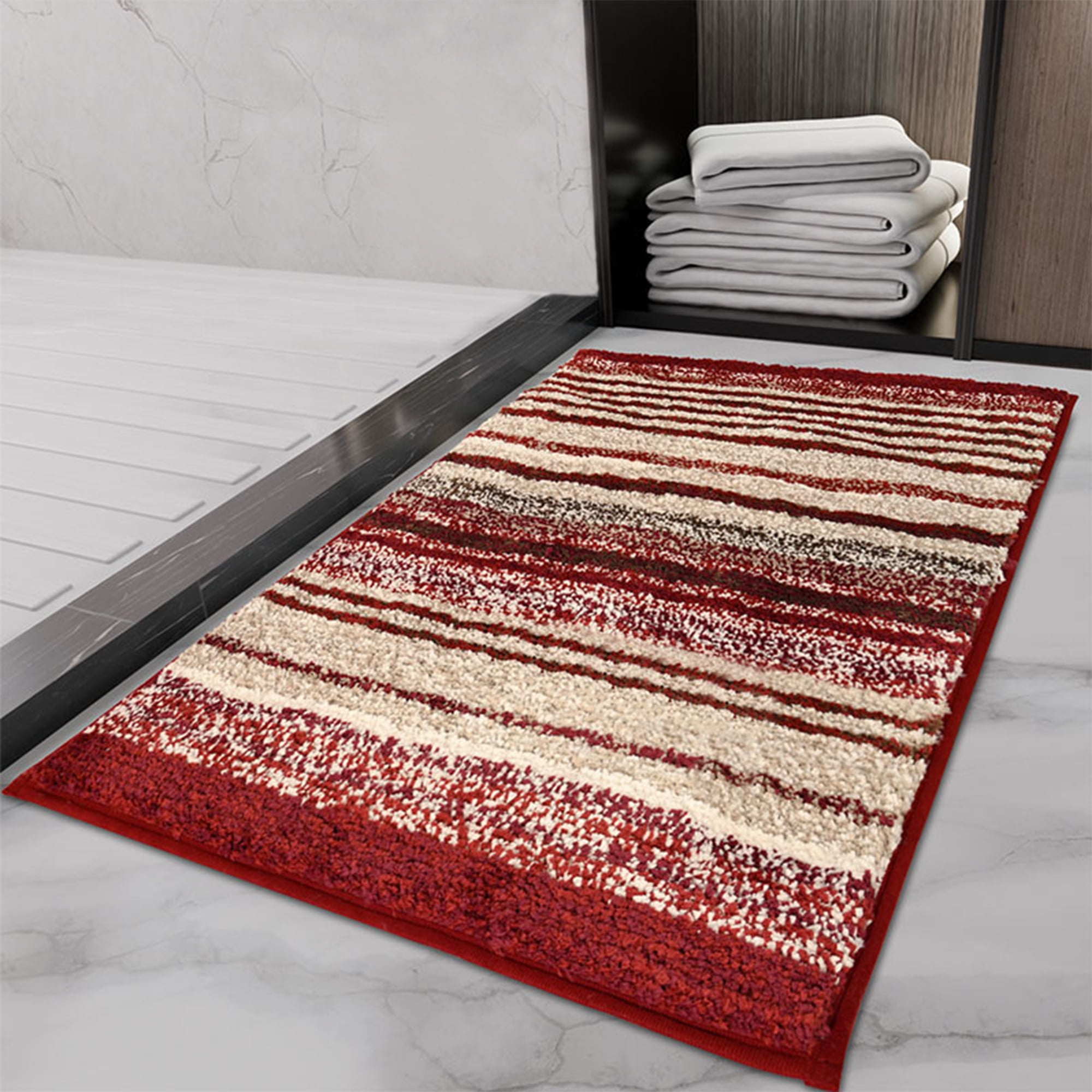 Unique Bargains 2 Pcs Striped Room Mat Quick Dry Rugs Red 20" x 32"