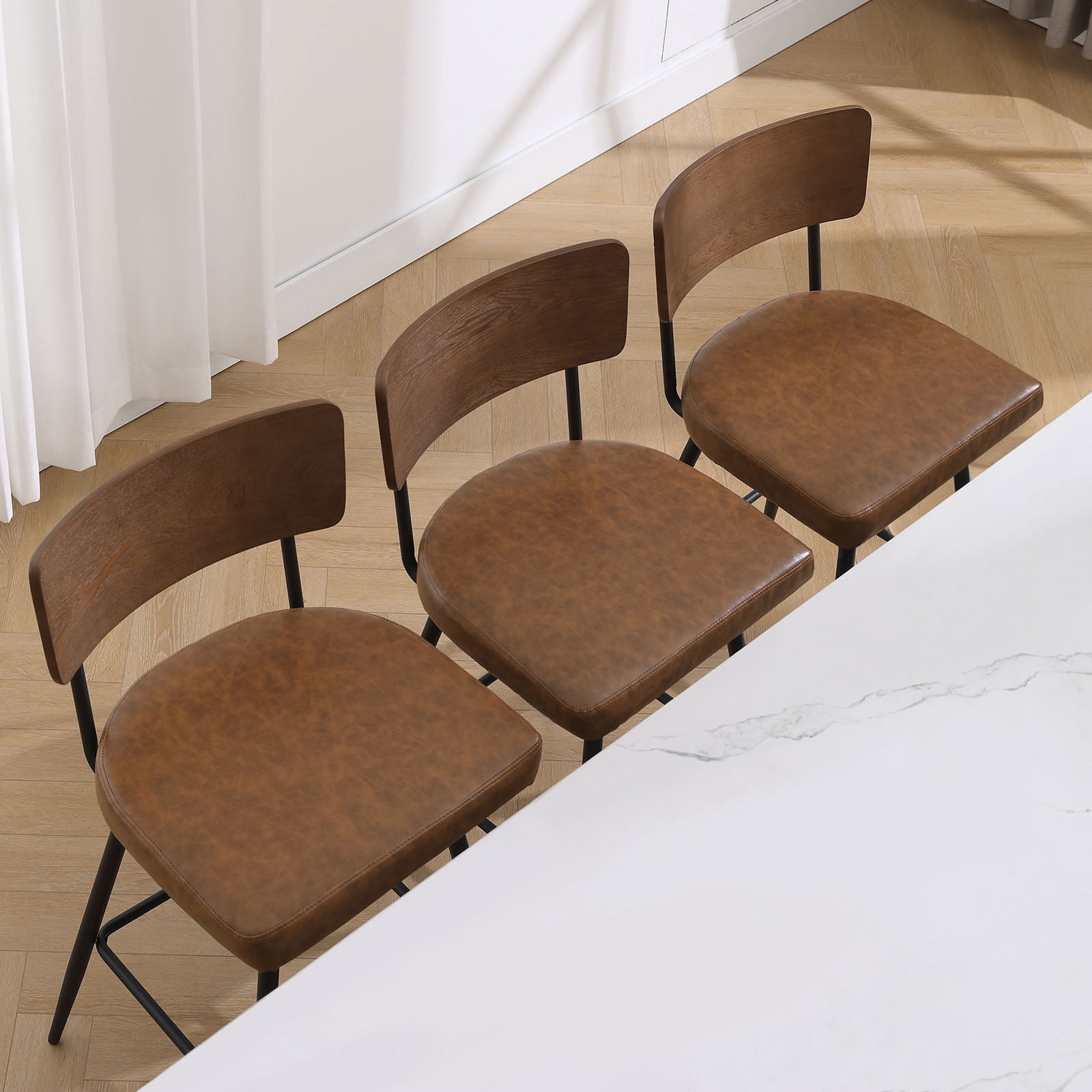 ANMINY Swivel Bar Stools Set of 2, 29" Seat Height, Upholstered Faux Leather Counter Barstools with Wood Backs and Metal Legs, Counter Height Bar Stool for Kitchen Island