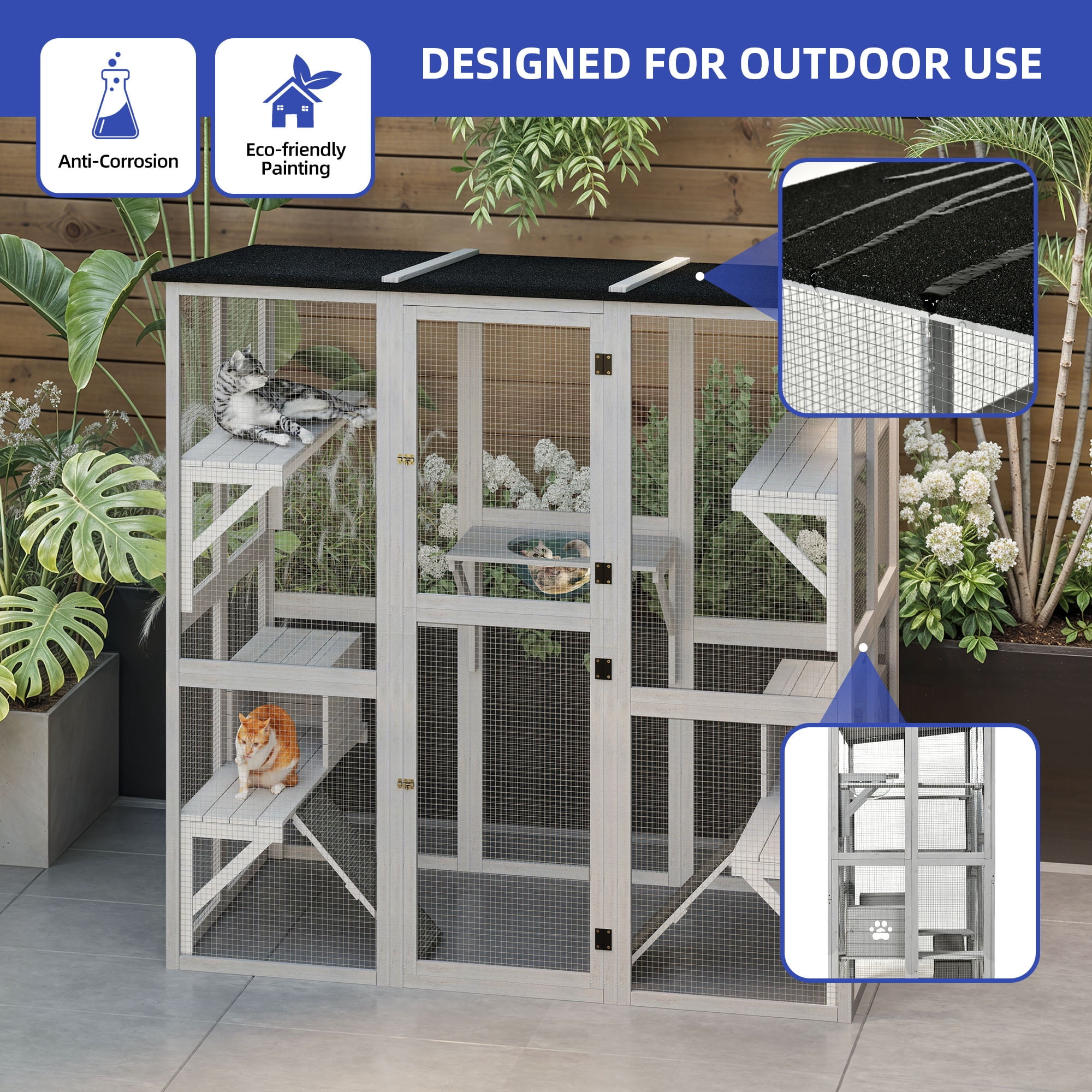 ModFusion 71" Weatherproof Wooden Cat Cage with 5 Platforms & 2 Cozy Houses – Durable Indoor/Outdoor Cat Enclosure with Sisal Stairs & Asphalt Roof